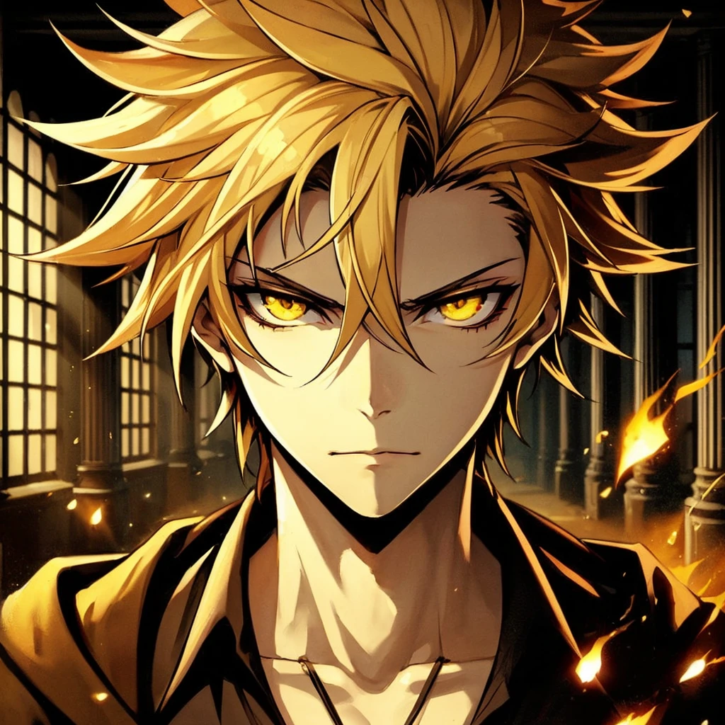 masterpiece, best quality, illustration, lonely young man, anime, yellow hair, fighter, black dress closed, yellow eyes, strong, handsome, cool,
