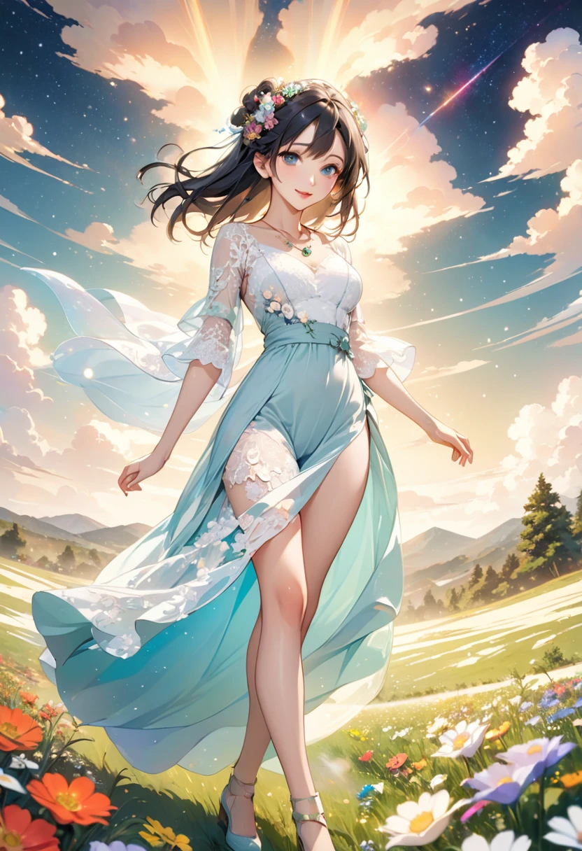 (masterpiece、Highest quality、8k、High resolution)、1 female、Beautiful eyes with slit length、Cute lips、Beautiful Nose、Brownish black hair、smile、(Best anime girl)、Green grassland with forest view、Walking,Flying high, high, high,Colorful flowers blooming in the field,A bright night with the stars clearly visible、milky way、Mysterious light particles from the whole body、Colorful light particles、A mysterious light shining around your head、melt、jewelry、necklace、White lace dress、(Beautiful full body style)、Highly detailed anime art、A complete portrayal、