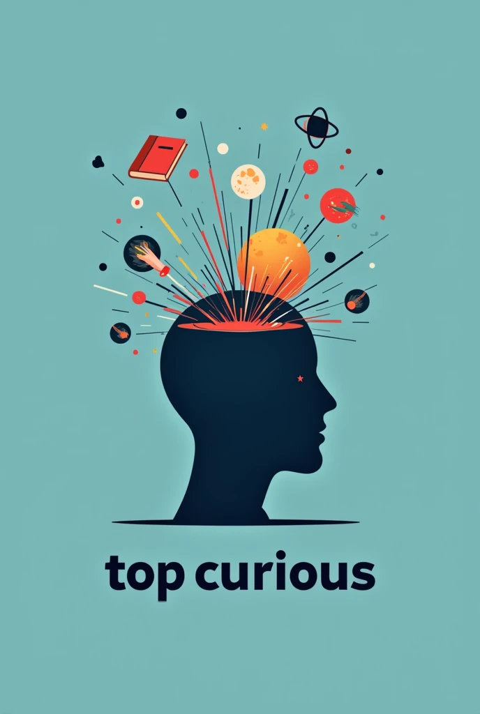 a Head Logo with Icons: A human head profile with various icons (like an atom, One planet, a book) coming out of the top, symbolizing the explosion of ideas and knowledge. "Top Curious" may be just below, with clean and modern typography.