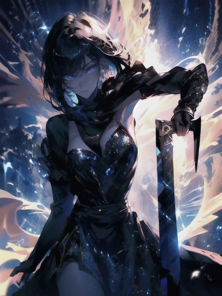 Holding a one-handed sword、Please take the black sword.、((masterpiece, highest quality, Super detailed, High resolution)), alone, beautiful girl, shining eyes, perfect eyes, , black white gold theme,
