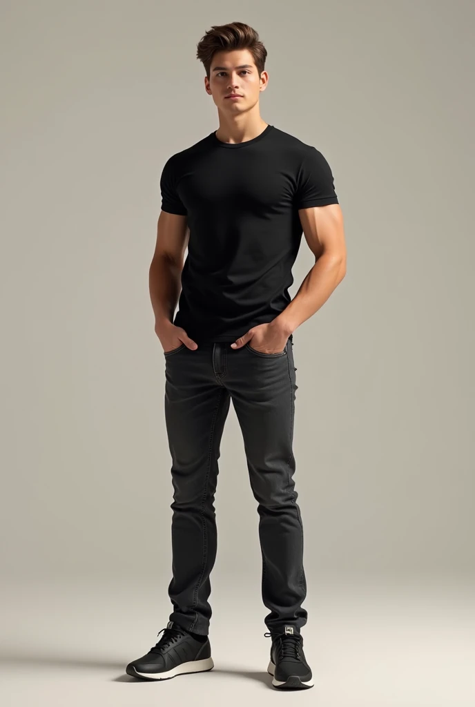 A 2 man with an oval face shape, brown eyes, and brown hair. He stands 1.81 cm tall, weighs 55 kg, and has a lean build with visible abs. He is wearing casual clothing: a fitted black T-shirt that highlights his physique, paired with dark jeans and stylish sneakers. The background is simple, with neutral tones that do not distract from the subject. The lighting emphasizes his facial features and toned body, creating a sharp, clean look. The overall style is modern and relaxed.