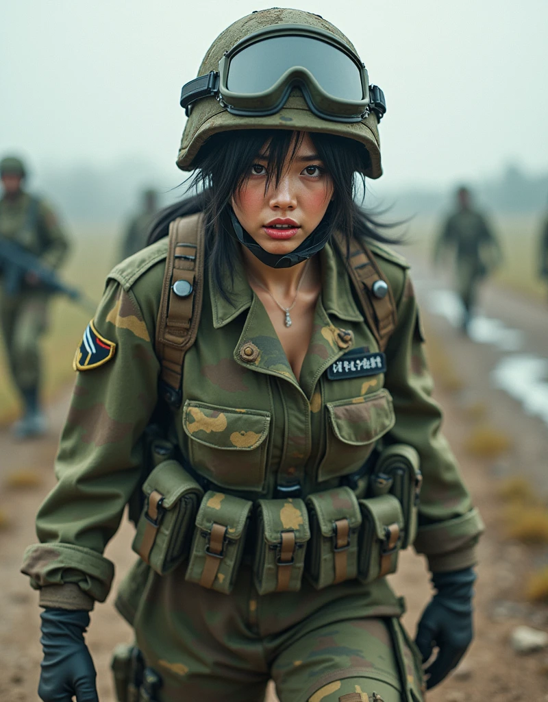 Photo-realistic, ultra-realistic, (very beautiful Japanese, famous Japanese idol:1.3), Fully equipped for battle, (painful impressions, crying:1.3), (wearing an army soldier's Camouflage outfits with military helmet:1.5), (at a battle field), very large breasts, (tactical vest, military harness:1.3), (military long boots:1), dynamic angle, spectacular, (muddied, damaged wears, damaged body:1.3), (Army archivist photographer), (taking spectacular pictures with Pentax camera with huge telephoto lens:1.3),