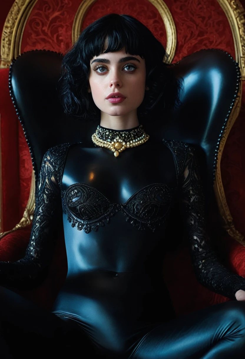 cinema art by Guillermo Arriaga and Xavier Dolan, krysten-ritter, choker, small breasts vagina sitting, nonlinear storytelling, intense, gritty, Emotional, stylistic, coming-of-age narratives, dramatic, radiant, dynamic cinematic perfect background, enchanted, professional fine composition, dynamic dramatic atmosphere, cinematic perfect intricate stunning fine detail, elaborate, black body suit, bloated belly, huge belly, villain,