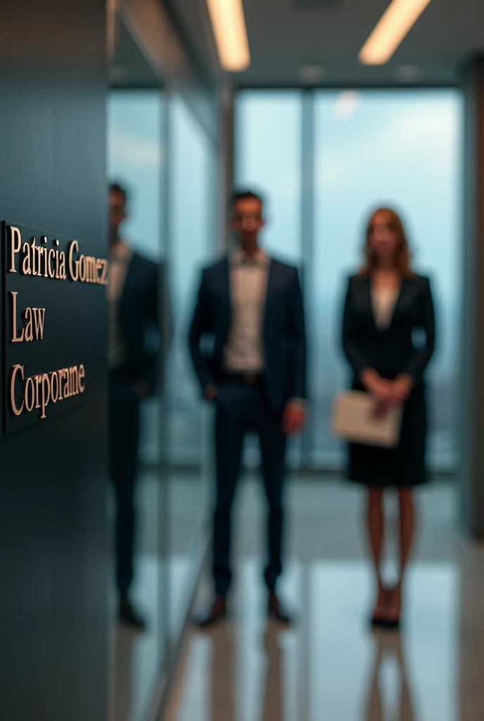 Image to be used in a presentation of my services as a lawyer providing services to companies in corporate governance issues such as corporate law. Put people in the background and a sign with the name of the Firm Patricia Gomez Law Firm. The dress code is formal suit.