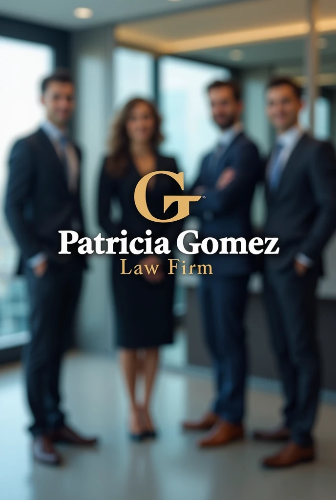 Image to be used in a presentation of my services as a lawyer providing services to companies in corporate governance issues such as corporate law. Put people in the background and a sign with the name of the Firm Patricia Gomez Law Firm. The dress code is formal suit.