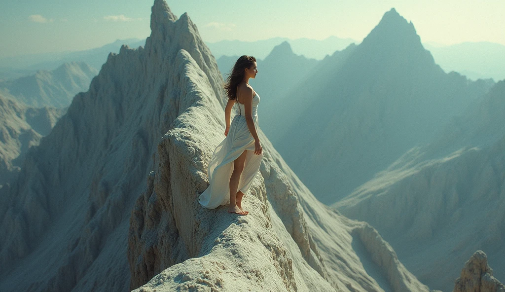 A sensual beautiful woman climbing a mountain of paradoxes, with each peak revealing a new perspective