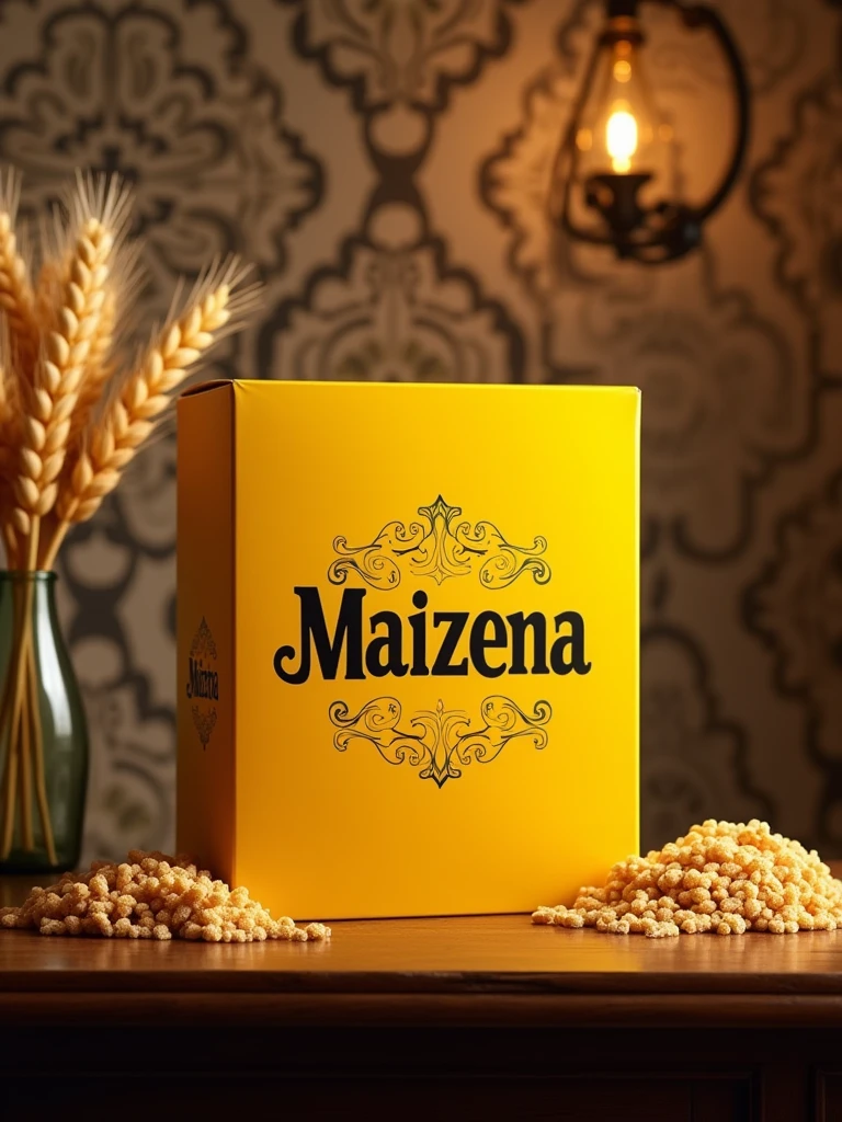 A yellow cereal box labelled "MAIZENA", wheat complex backgroud intricately designed with a vintage charm, placed on a wooden bar top with dim ambient lighting. The scene emits a sophisticated and exclusive aura. Captured in Photographic style, with a 70mm lens, focusing on the label with a shallow depth of field.