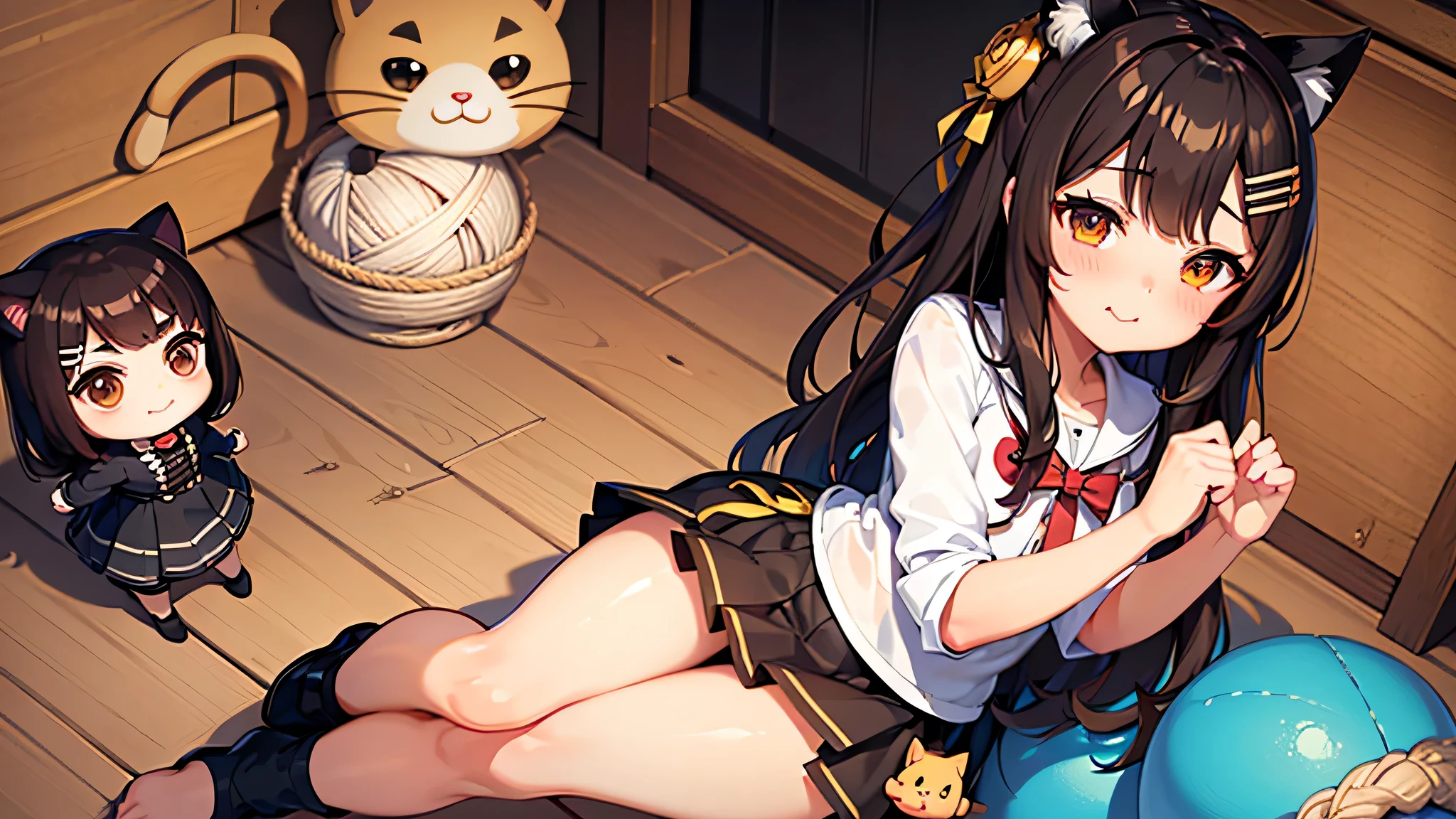 All intricate details, anatomia perfecta, cartoon style girl, 1 girl view, pretty, alone, hapy pose, skirt, brown hair, uwu, Hair ornament: ((cute chibi yarn cat))), chibi, virtual vtuber, brown hair, hair orn, cat smile, :3ament,HayaseNagatoro,nagatoro hayase, hair ornament, brown eyes, hairclip, tanned skin, black hair, random angle