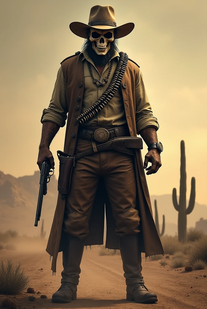 A male cowboy with a full load of ammunition and a skull mask 