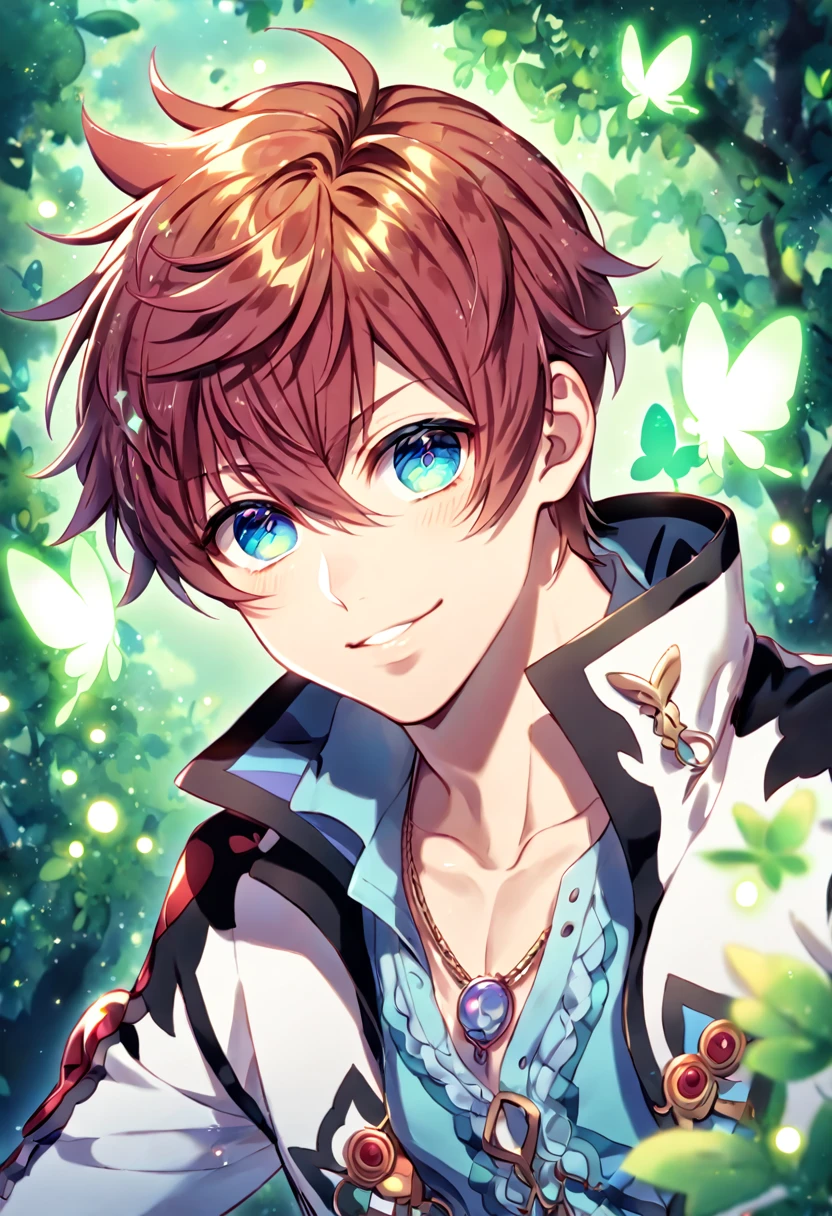 absurdres, highres, ultra detailed, HDR, master piece, best quality, extremely detailed, detailed eyes, Asbel Lhant, reddish-brown hair, expressive blue eyes, Tales Of Graces, solo, sexy man, sensual, handsome, smile, manly man, white coat, light-blue shirt, under a green tree, fantasy, magical, glittering fireflies, green butterflies, green flames, magic, green leaves