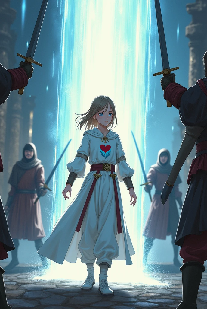 a battle where a young half-elf man with delicate, feminine features and shoulder-length light brown hair.
 
wearing white medieval clothing with a symbol of a light blue feather over a red heart drawn on the clothes at chest height.

 protecting innocents with a barrier of light against sword attackers in the style of a medieval anime drawing
