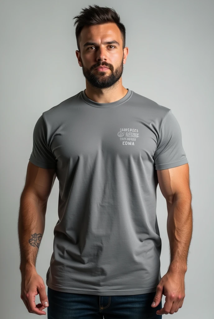 a real man standing with a gray t-shirt mockup