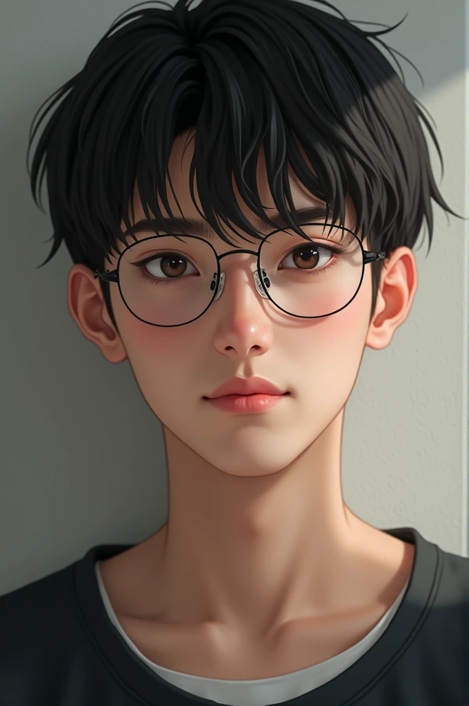 Smooth skin man wearing glasses, offwhite, short black straight hair, medium size, 1,75 tall, not too thin not too fat, is not healed, an ordinary boy but with exuberant beauty.
