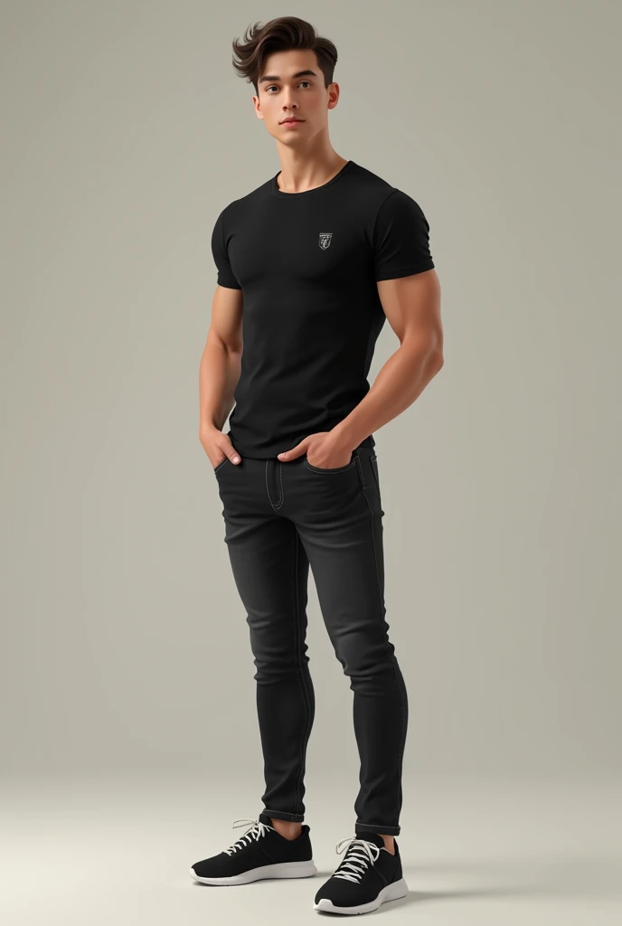 A 2 man with an oval face shape, brown eyes, and brown hair. He stands 1.81 cm tall, weighs 55 kg, and has a lean build with visible abs. He is wearing casual clothing: a fitted black T-shirt that highlights his physique, paired with dark jeans and stylish sneakers. The background is simple, with neutral tones that do not distract from the subject. The lighting emphasizes his facial features and toned body, creating a sharp, clean look. The overall style is modern and relaxed.