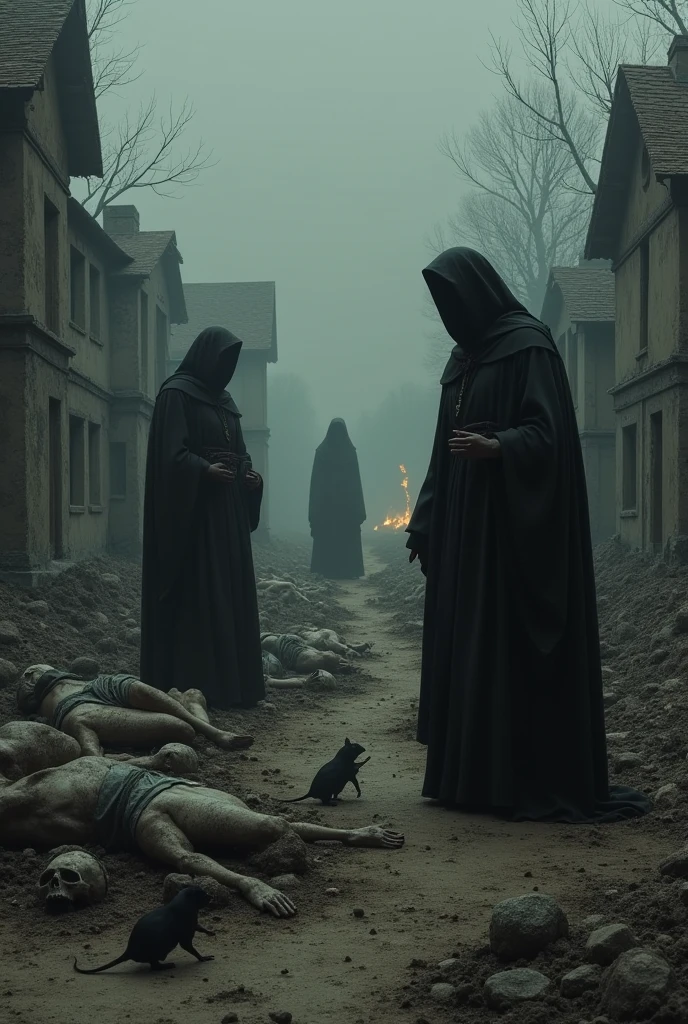 Background houses black plague dead on the floorby rats everywhere and fire and saints cleaning bodies