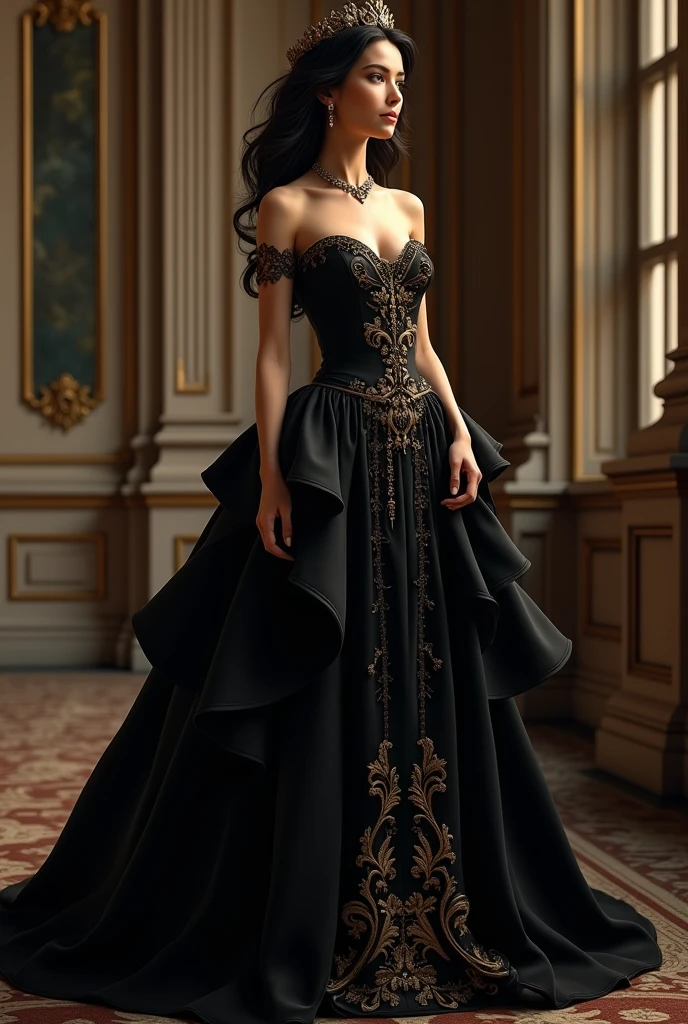 Princess in an elegant black dress with gold details 