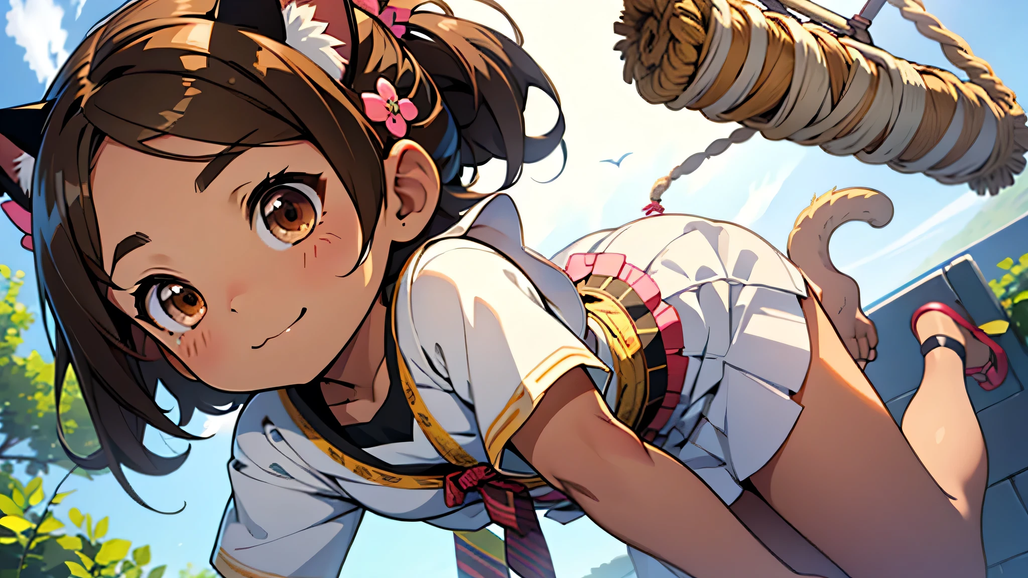 All intricate details, anatomia perfecta, cartoon style girl, 1 girl view, pretty, alone, hapy pose, skirt, brown hair, uwu, Hair ornament: ((cute chibi yarn cat))), chibi, virtual vtuber, brown hair, hair orn, cat smile, :3ament,HayaseNagatoro,nagatoro hayase, hair ornament, brown eyes, hairclip, tanned skin, black hair, random angle