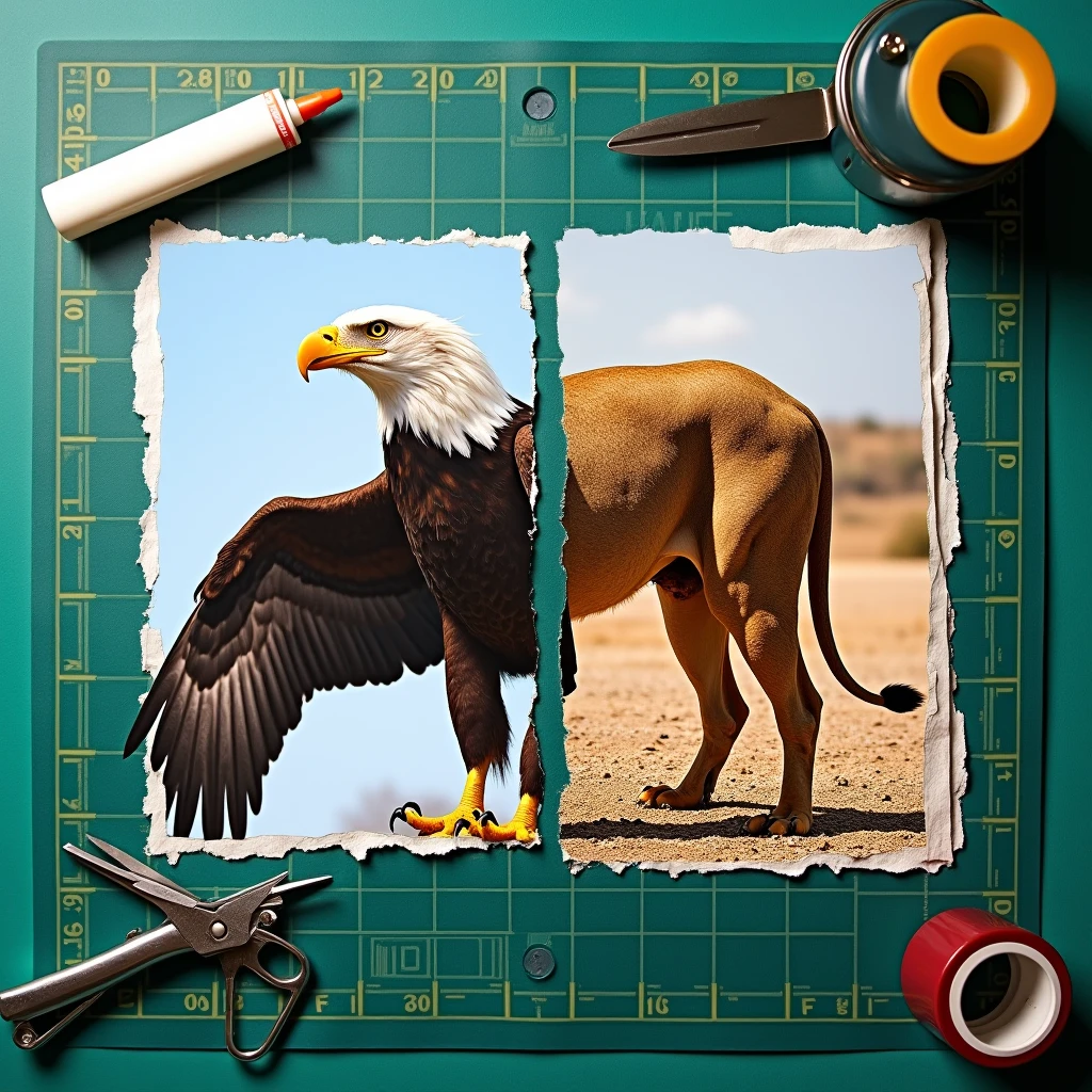 2 flat tear papers from magazine are put on the big green cutting mat. (First flat Tear paper is torn around the photo of eagle with only head claws and spread wings on side view on sky background), (second flat tear paper is torn around the photo of lion hip, back legs and tail on side view on safari background), two papers are put on side by side, perspective view, (glue stick, tape, cutter on the mat)