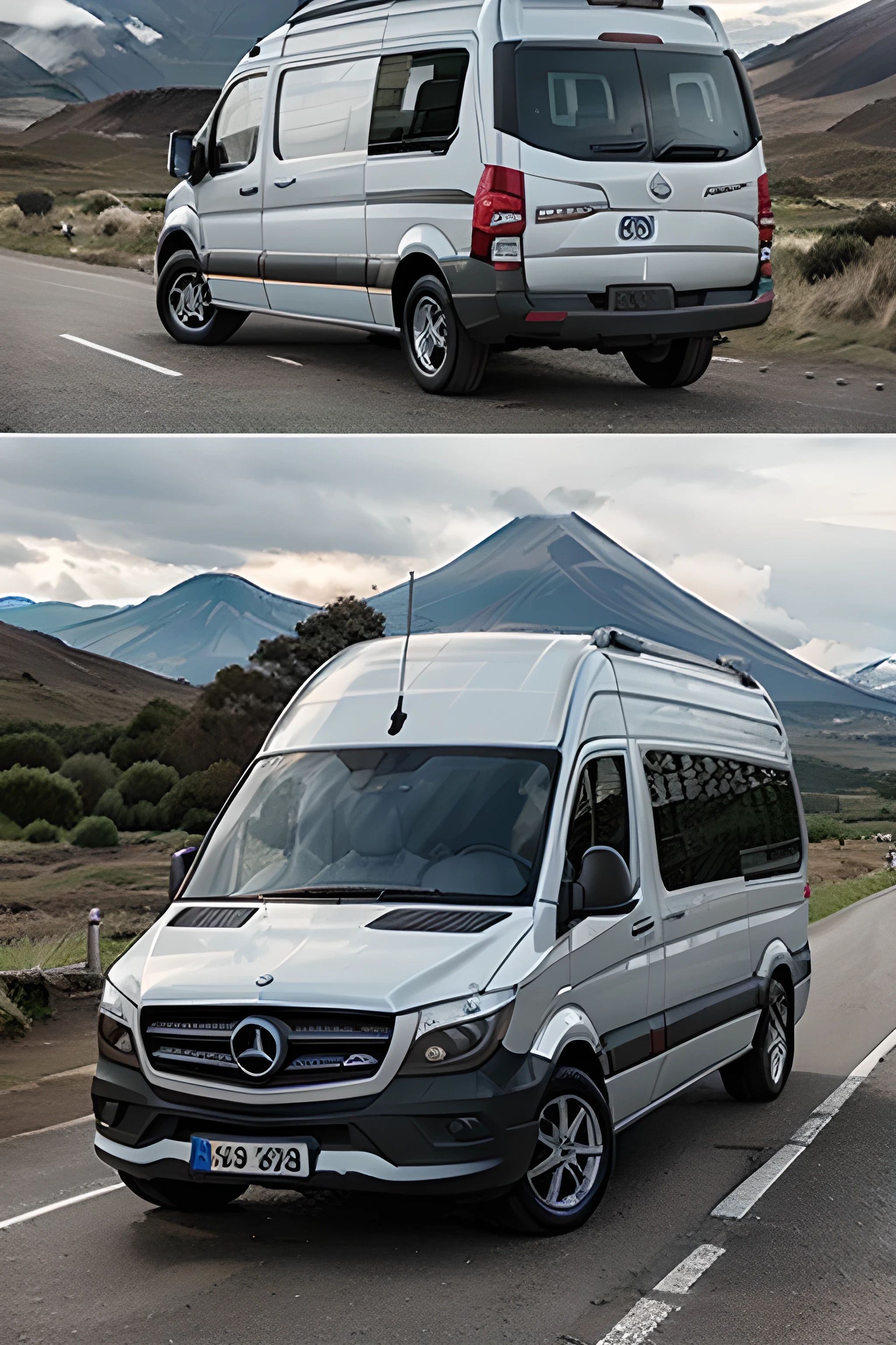 Images of the Cotopaxi and a winged Mercedes Benz Sprinter 