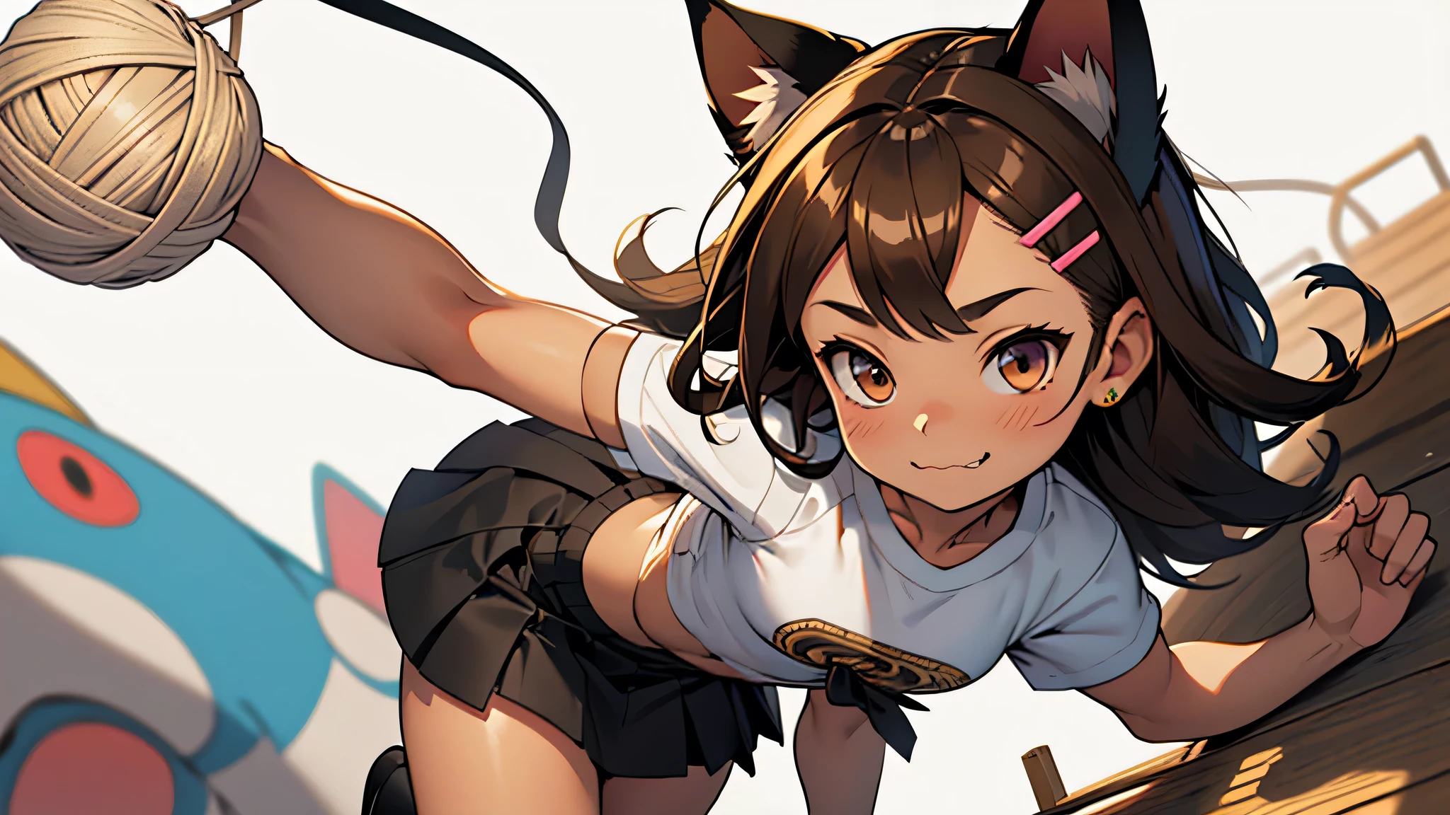 All intricate details, anatomia perfecta, cartoon style girl, 1 girl view, pretty, alone, hapy pose, skirt, brown hair, uwu, Hair ornament: ((cute chibi yarn cat))), chibi, virtual vtuber, brown hair, hair orn, cat smile, :3ament,HayaseNagatoro,nagatoro hayase, hair ornament, brown eyes, hairclip, tanned skin, black hair, random angle