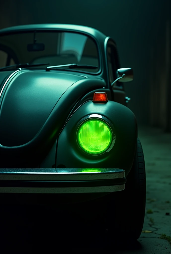 Creates a closer image with a black background of a black 1980 Beetle with two green headlights,use the same image you made now but with the red light