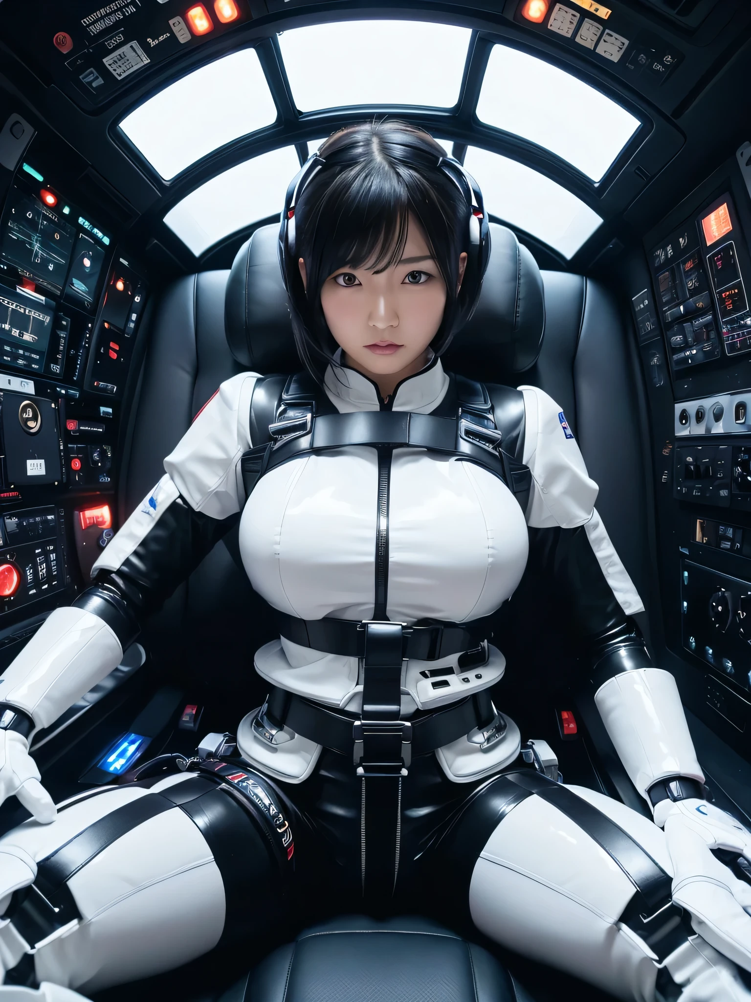 Japanese female android,Black Hair,The spaceship's cockpit,The passenger is completely secured in the reclining seat by a thick harness belt.,Chubby,Big Breasts,Spread your legs,Squat,Shiny white robot suit,Robotic arms and legs,Surrounded by switches and monitors,
