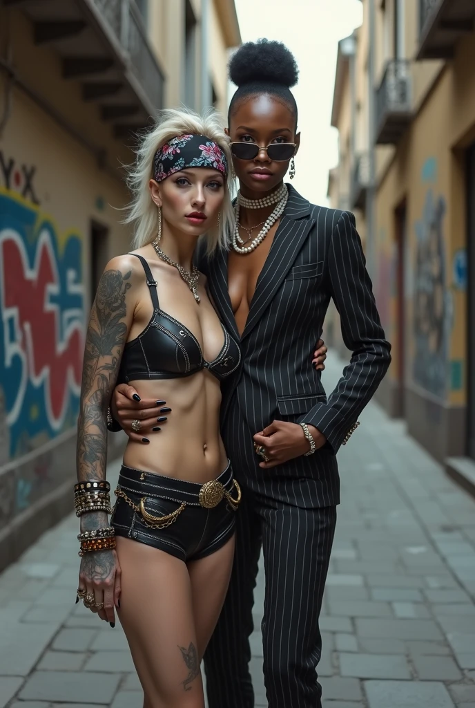 Two russian old milf women: the dominant aggressive dark skinned black woman in business pinstripe suit (jacket and trousers), black heeled shoeslong nails and afro hair, standing up with separated legs and possessive stance showing off her new white girlfriend to the camera (arm around her girlfriends' shoulder squishing her back tightly, and grabbing tightly the white woman arm with her other hand, like a predator on her prey). Next to her, her white rich drunk girlfriend looks at the camera (white woman is very pale: pale face, pale neck, pale chest, pale arms, pale hands, pale stomach, pale leg), white woman stretches her neck and looks at the camera feeling overwhelmed by her girlfriend. white woman leans on her girlfriend , feeling needy. white woman is being seduced. White woman stands up with separated legs, White woman"s body is twisted and unstable, the hands of white woman are on her belt. White woman dresses in rock chic style: Black studded leather thong with white seams, platinum blonde hair (pouf, top bun, wide colourful bandana as headband) and oversized square sunglasses as headband. Big lips with no makeup. White woman wears Black studded leather push up bra and has big breasts. Barefoot.. Lots of thick wide studded bracelets in the wrists of the white woman, big pearl necklaces around the neck of the white woman, and big rings, Pearl earrings. Wide loose studded belt with big solid buckle. Loose chains and studded belts around the hips of the white woman. White woman is lazy, leaning on her girlfriend.. The white woman is densely tattooed on neck, tattoed chest, tattoed arms, tattoed stomach, tattoed legs, wrists and feet. White woman has well Toned abdominals, thin neck, slim legs and thin arms. White woman has Narrow hips and noticeable tigh gap. The body of the white woman is twisted in a lazy posture. Full body. On a narrow street with graffitied walls