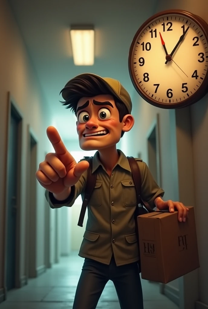 Delivery boy stress pointing to clock
