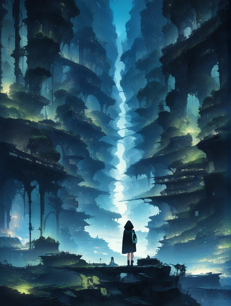 score_9, score_8_up, score_7_up, score_アニメ, masterpiece, best quality, delicate illustration, sharp line, sharp focus, BREAK,Traveler girl wandering in the ruins of endless night, the girl is wearing a hood, a lot of baggage in her backpack., night、City of the Future、Fantastic landscape、Beautiful Landscape、Harmony with Nature、Spectacular views、Machine City