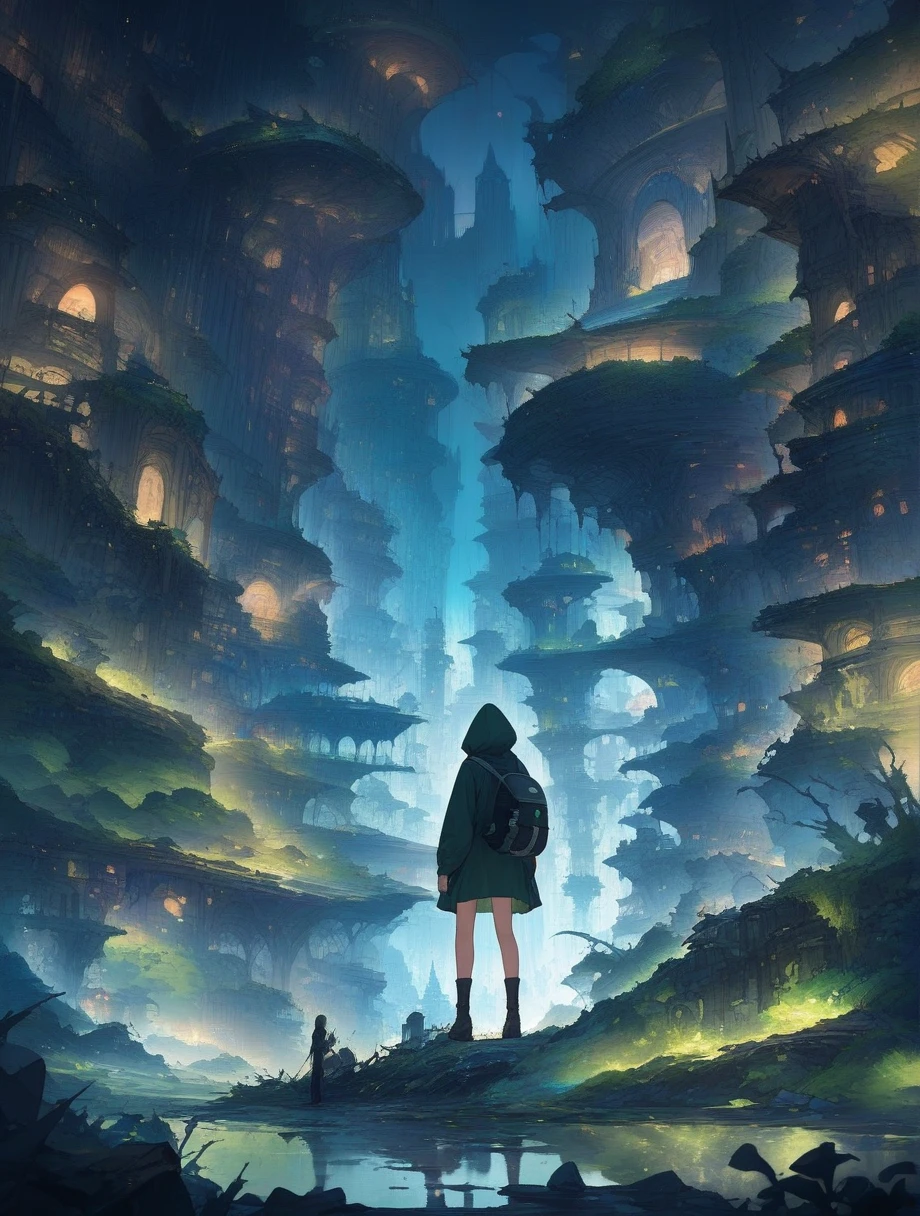 score_9, score_8_up, score_7_up, score_アニメ, masterpiece, best quality, delicate illustration, sharp line, sharp focus, BREAK,Traveler girl wandering in the ruins of endless night, the girl is wearing a hood, a lot of baggage in her backpack., night、City of the Future、Fantastic landscape、Beautiful Landscape、Harmony with Nature、Spectacular views、Machine City