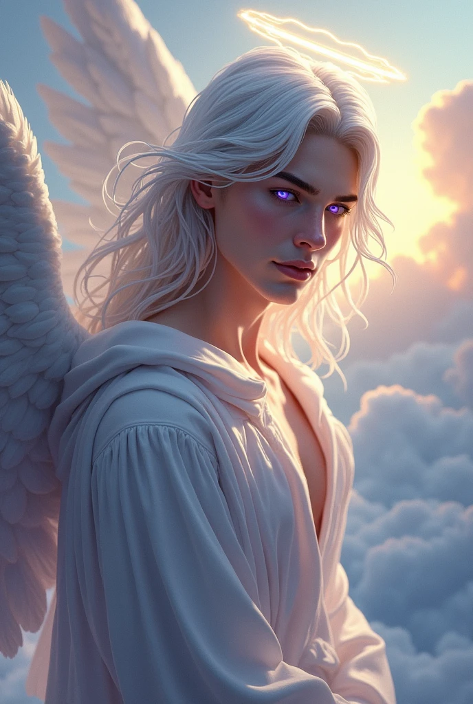A male angel with white hair and purple eyes.