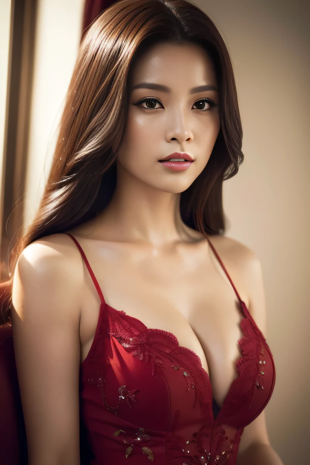 Mid range shot, chinese, a beautiful woman in a gorgeous red dress, extremely detailed and intricate dress design, big breasts, cleavage, flawless skin, beautiful eyes, lush long eyelashes, delicate facial features, elegant hairstyle, (best quality,4k,8k,highres,masterpiece:1.2),ultra-detailed,(realistic,photorealistic,photo-realistic:1.37),elegant portrait,cinematic lighting,dramatic shadows,vibrant colors,ethereal,breathtaking,high fashion,fashion photography