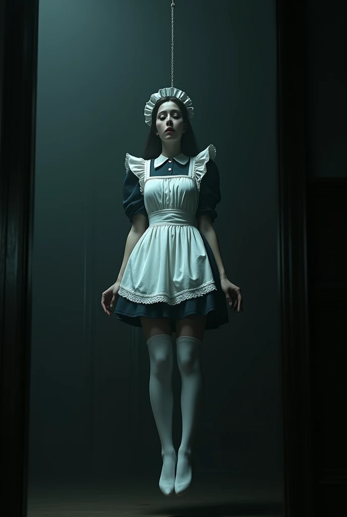 White thigh high stocking maid hanged herself to death ,hovering in the air