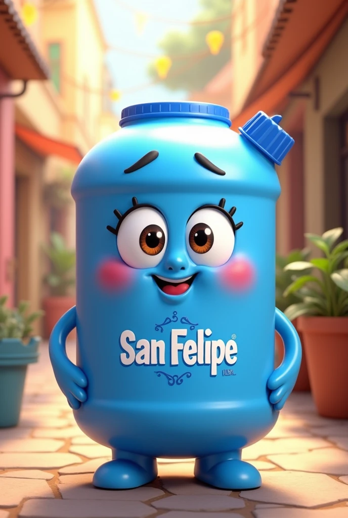 A 20-litre water canister animated by the brand “San Felipe” with cheerful and flirtatious features