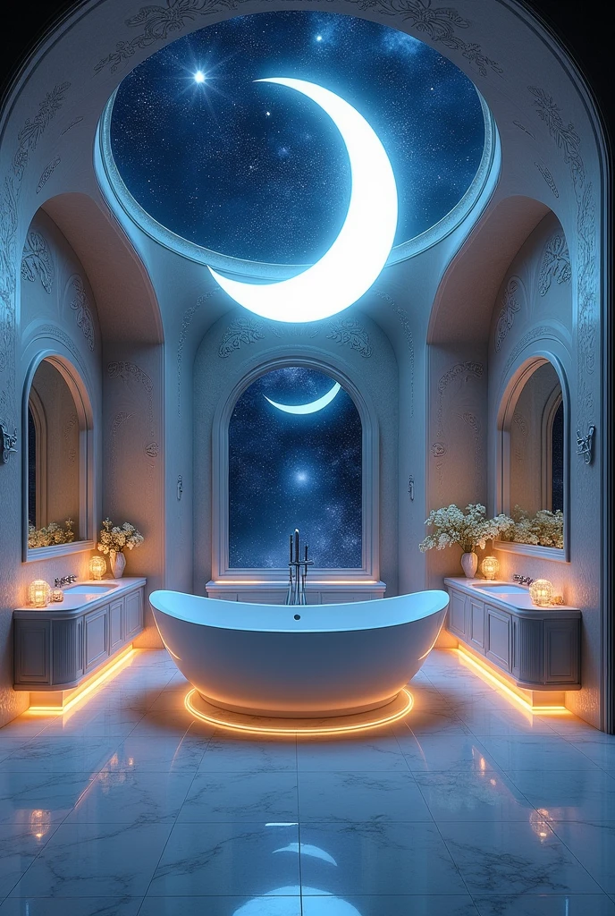 Create a very large bathroom with a moon concept