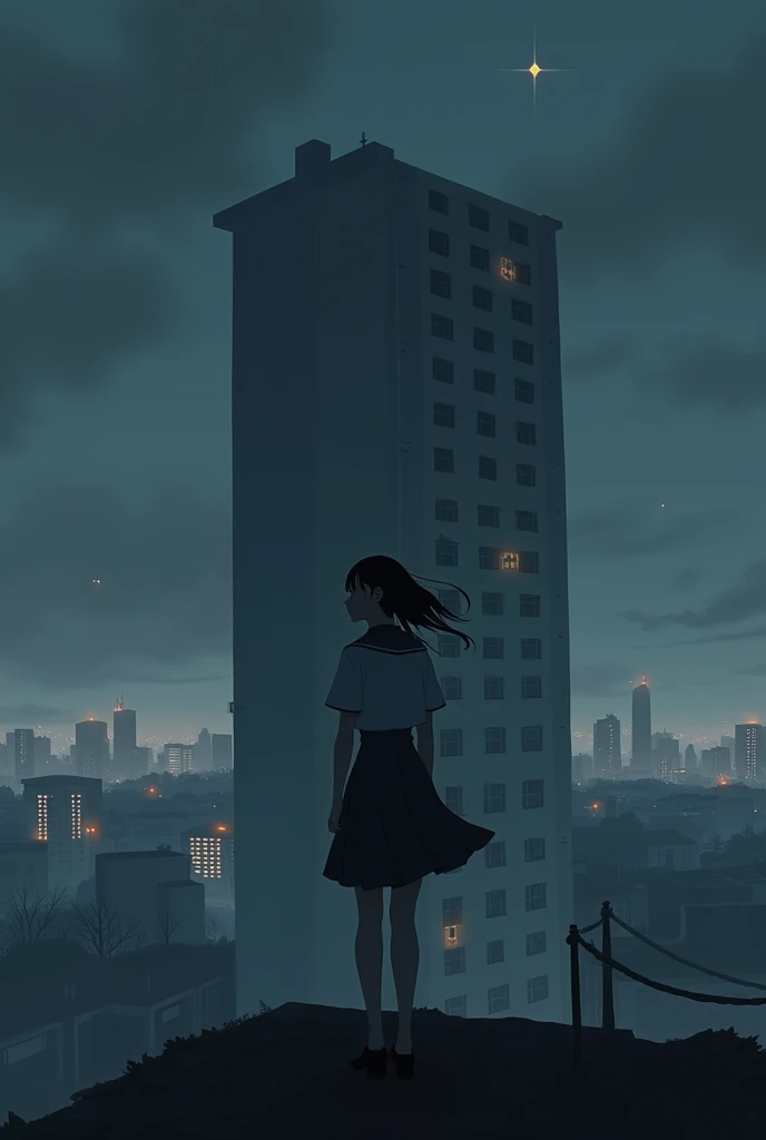 The atmosphere of a high-rise school building, with a woman wearing a Korean school uniform standing on top. The atmosphere is dark and desolate. Anime