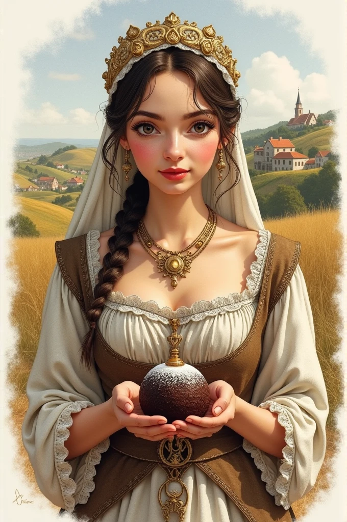 A drawing of a Galician woman with a brigadeiro in her hands