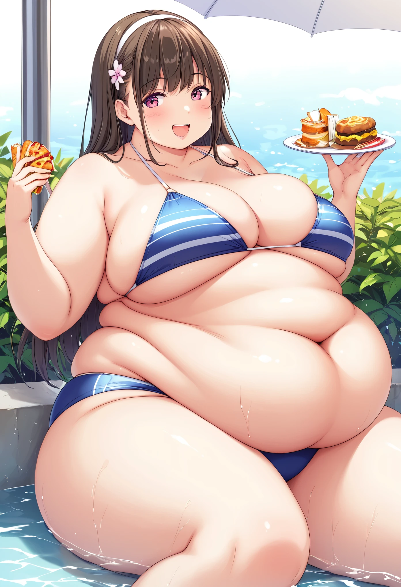 a brown-haired, 300 kg fatter and bigger sexy girl eating fast food in bikini