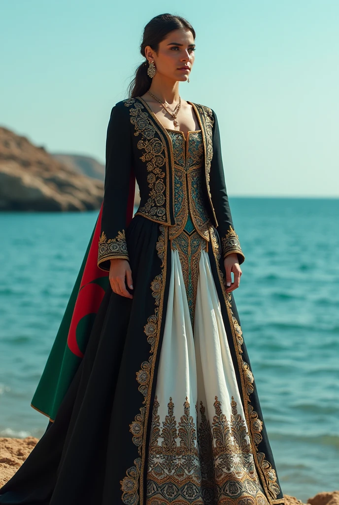 Authentic Algerian woman, wearing a black, white, blue and gold dress, with gold decoration on her jacket, holding the Algerian flag in white and green, looking directly at the camera, she is standing on the blue sea shore