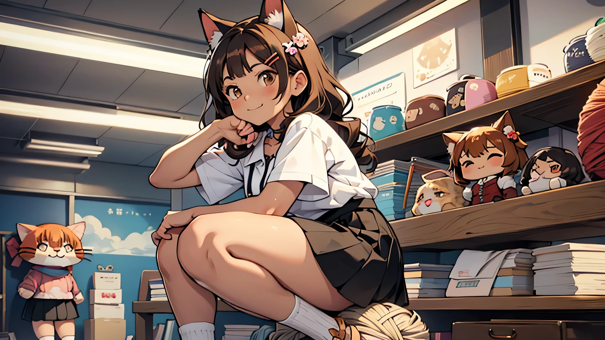 All intricate details, anatomia perfecta, cartoon style girl, 1 girl view, pretty, alone, hapy pose, skirt, brown hair, uwu, Hair ornament: ((cute chibi yarn cat))), chibi, virtual vtuber, brown hair, hair orn, cat smile, :3ament,HayaseNagatoro,nagatoro hayase, hair ornament, brown eyes, hairclip, tanned skin, black hair, random angle