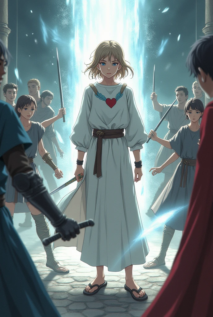 a battle where a young half-elf man with delicate, feminine features and shoulder-length light brown hair.
 
wearing white medieval clothing with a symbol of a light blue feather over a red heart drawn on the clothes at chest height.

 protecting innocents with a barrier of light against sword attackers in the style of a medieval anime drawing
