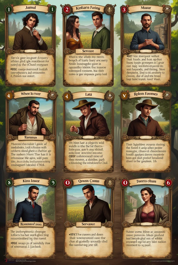 Design me what each card in this game would look like :
Card Game Design: "The revolt of the vineyard workers"
1. Game Components:
Character Cards: Including letters from winegrowers, Servants and the Son. Each type of card has specific abilities and actions..
Action Cards: Cards that represent events or situations (For example, "Stealing Fruits," "Protecting the Vineyard," "Call the Owner"). These cards allow players to interact with the dynamics of the game..
Mission Cards: Secret objectives that each player must try to accomplish. They can be different for each type of character.
Fruit and Resource Markers: Tokens representing the fruits of the vineyard and other resources that can be obtained or stolen during the game.