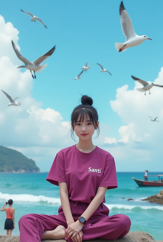 beautiful Indonesian woman , smooth white skin, well-groomed face,Korean style bun hair with bangs, fuchsia t-shirt with Santi logo, ((wearing jumpsuit pants.)) brown color cool watch,
white shoes, pose staring,camera sitting on a rock, seashore,dikelilingi burung-burung camar, under the blue cloudy sky, facing the blue sea, seagulls flying in large numbers,there seems to be a fishing boat, orang-orang sedang foto-foto di pantai.. Ocean waves hit the beach.. The view of the beach is amazing.beautiful and blue.. Realistic original photo