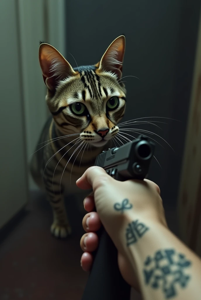 I want a photo that is in the first person and he has a gun in his hand pointing at a cat and he has a butterfly tattoo on his hand and a chess tattoo on his fingers and he wants to kill the cat. 