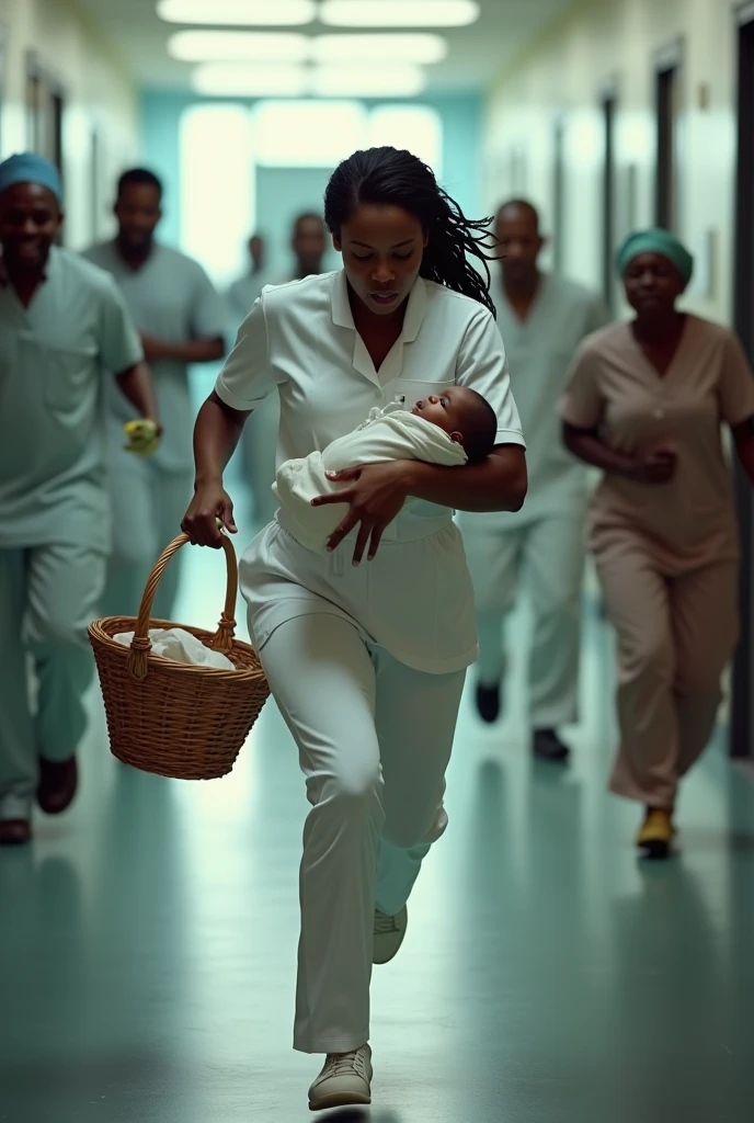 Generate image of African an igbo nurse running away with a newborn baby in a basket at the hospital corridor and an igbo woman and her husband looking furious and angry chasing after her scream for her help as the hospital is in chaos 