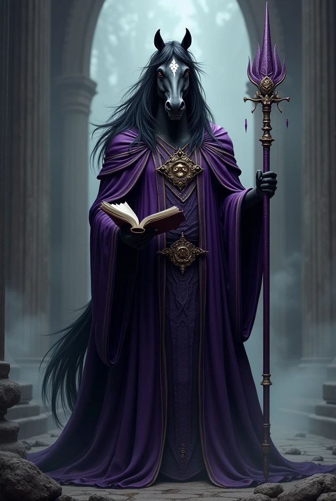 A black anthropological horse with a combed mane. He is a wizard, longhorse follower. He is wearing a dark purple robe. He carries a spell book and a spear, stomach 2.30. He has an intimidating expression.