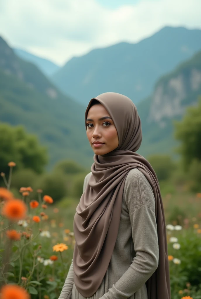 you are a masterpiece of the world's professional photographers, make a real photo. A beautiful woman wearing a hijab with very stunning breasts, is standing in a very beautiful garden, there are very beautiful mountains in the background, 4k photo quality