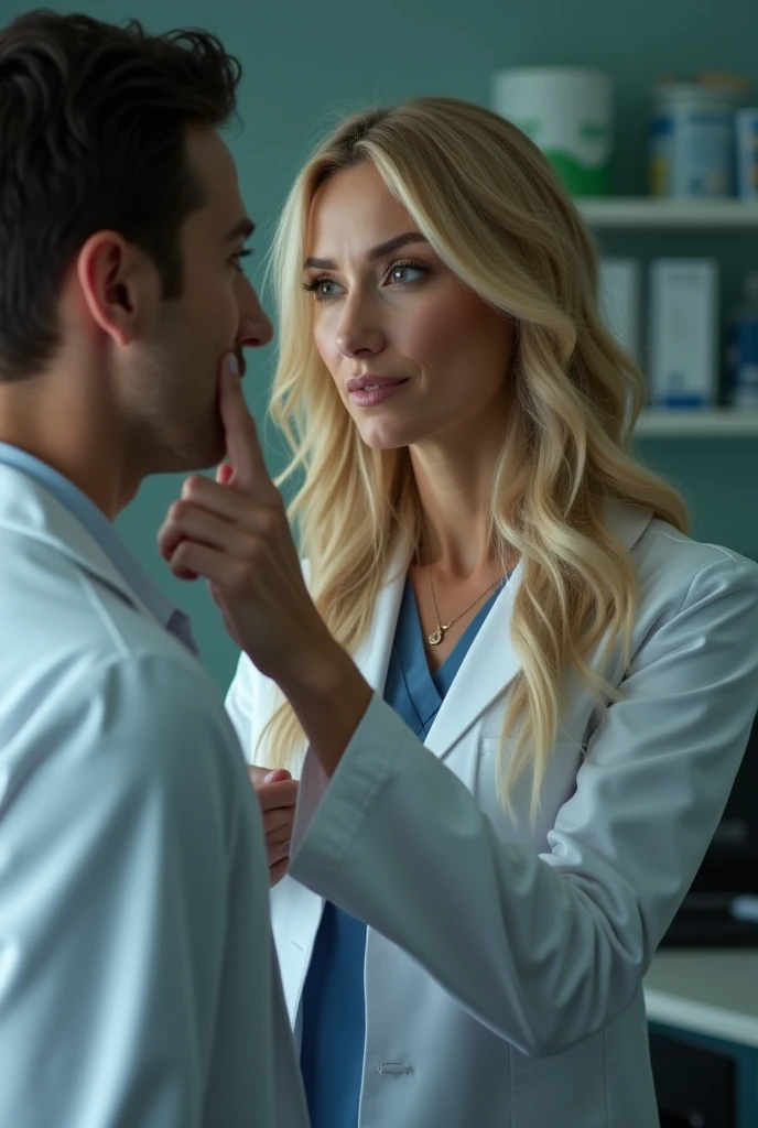 Blonde woman silencing doctor by covering his mouth with her two fingers
