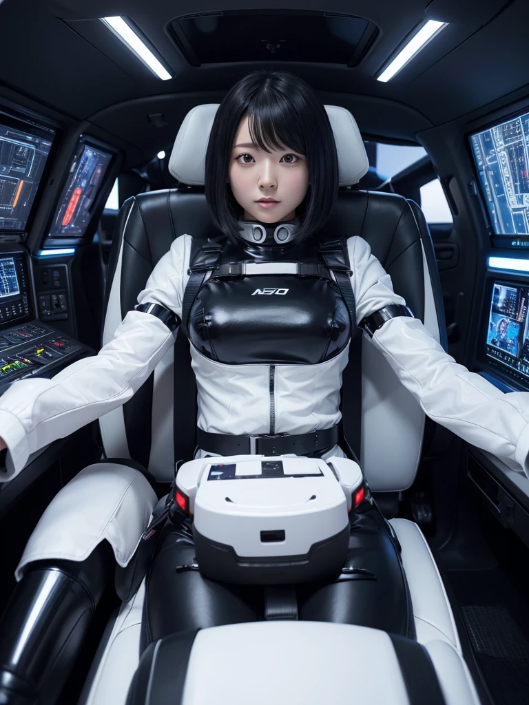 Japanese female android,Black Hair,The spaceship's cockpit,The passenger is fully secured in a reclined seat by a thick harness.,Chubby,Big Breasts,Spread your legs,Squat,Shiny white robot suit,Robotic arms and legs,Surrounded by switches and monitors,