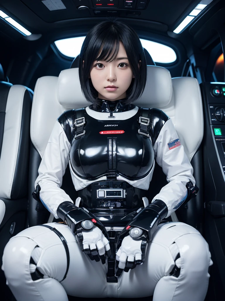 Japanese female android,Black Hair,The spaceship's cockpit,The passenger is fully secured in a reclined seat by a thick harness.,Chubby,Big Breasts,Spread your legs,Squat,Shiny white robot suit,Robotic arms and legs,Surrounded by switches and monitors,
